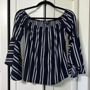 Navy off the shoulder top with vertical white stripes and bell sleeves